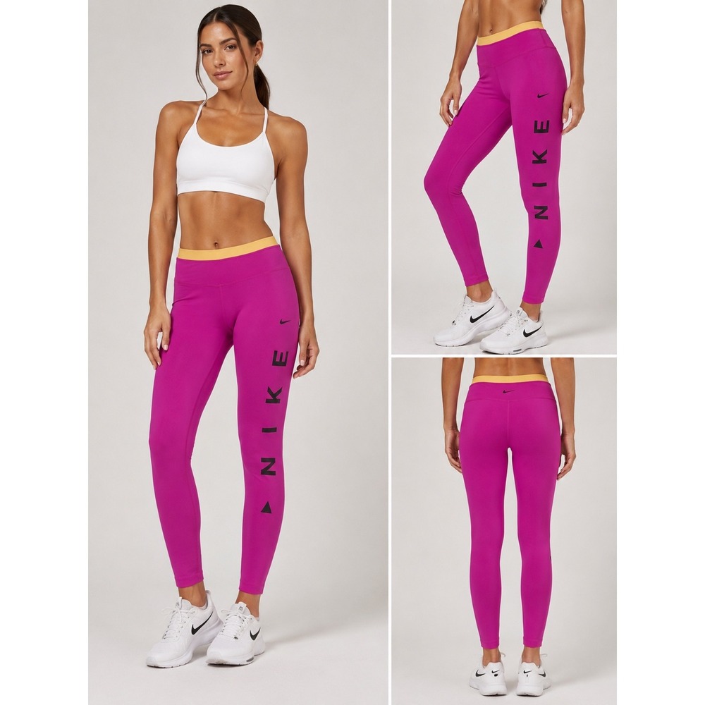 Nike Womens‎ Dri-FIT Leggings Pink Yellow Logo Athletic Tights Medium M